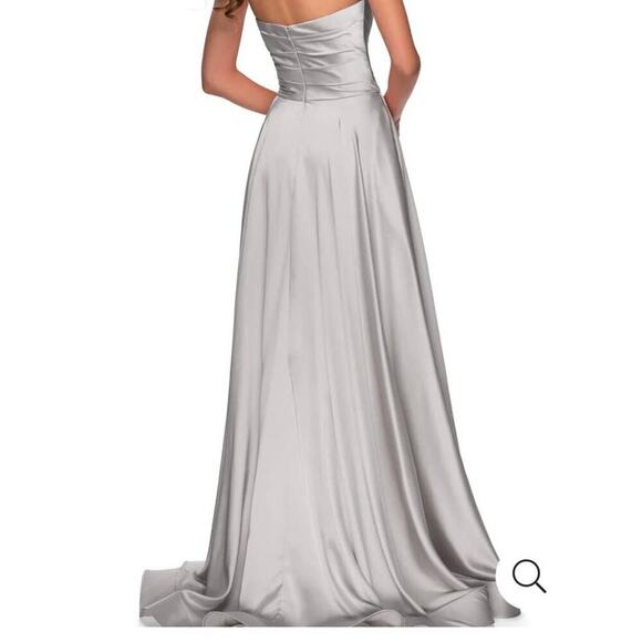 La Femme Pleated Bodice Strapless Silver Satin High Slit Gown Dress size 12 - Picture 2 of 16